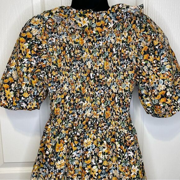 NWT ENGLISH FACTORY Plunge Smocked Cotton Floral Mini Dress Yellow Black Blue XS - Picture 8 of 16
